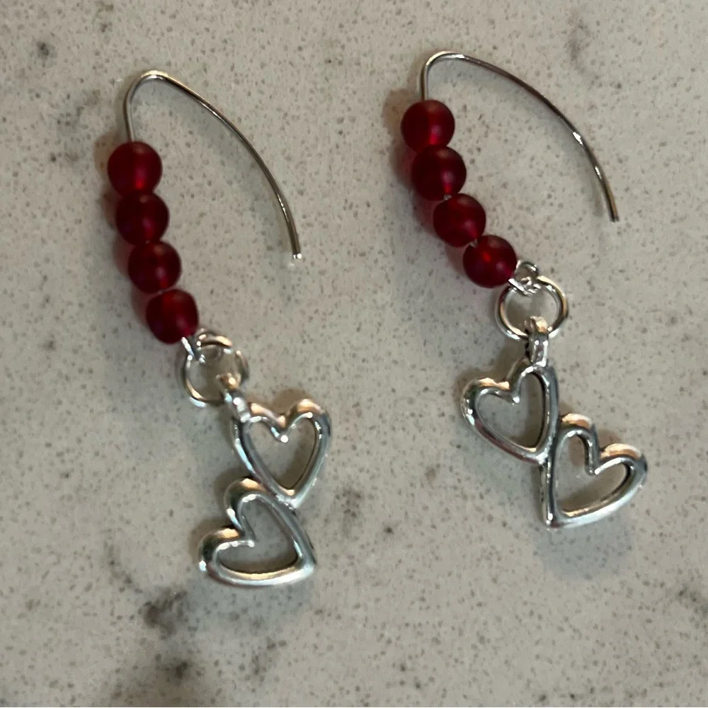 NWOT - Silver Double Heart Dangle Earrings with Burgandy Beads